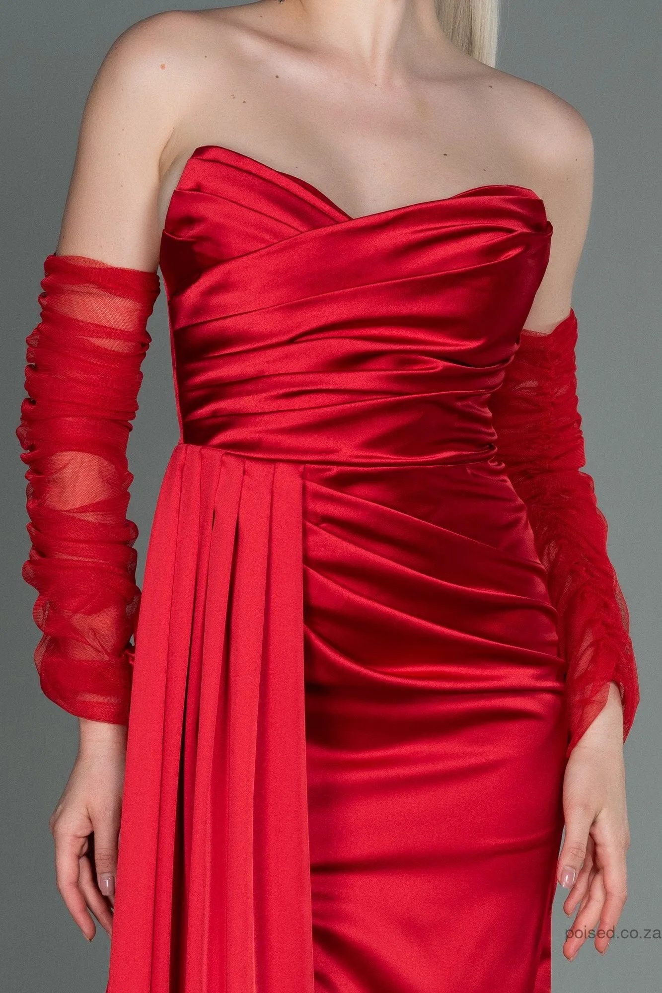 30180 Red Draped Slit Strapless Dress