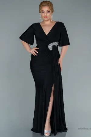 30212 Black Waist Brooch Draped Slit Dress