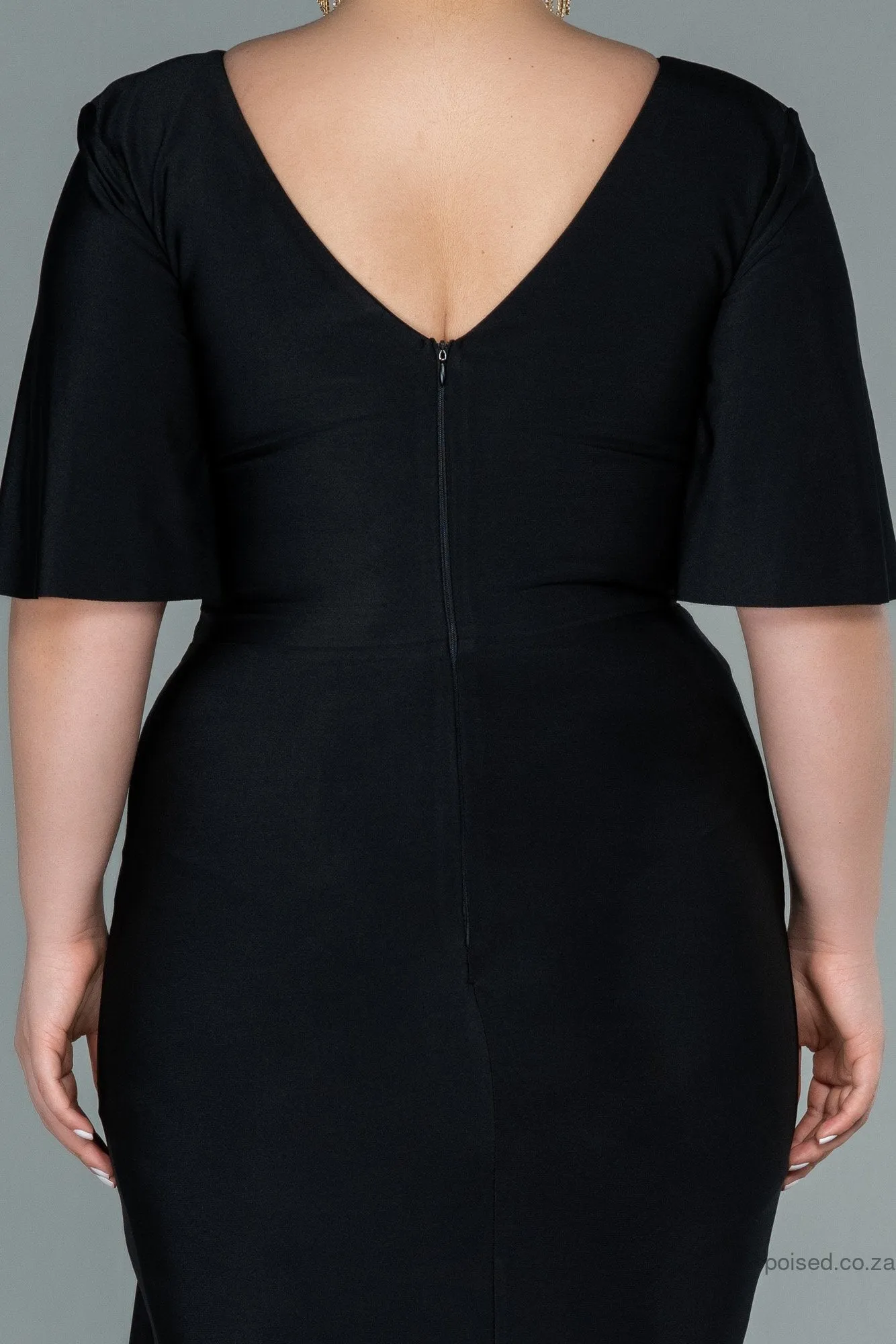 30212 Black Waist Brooch Draped Slit Dress