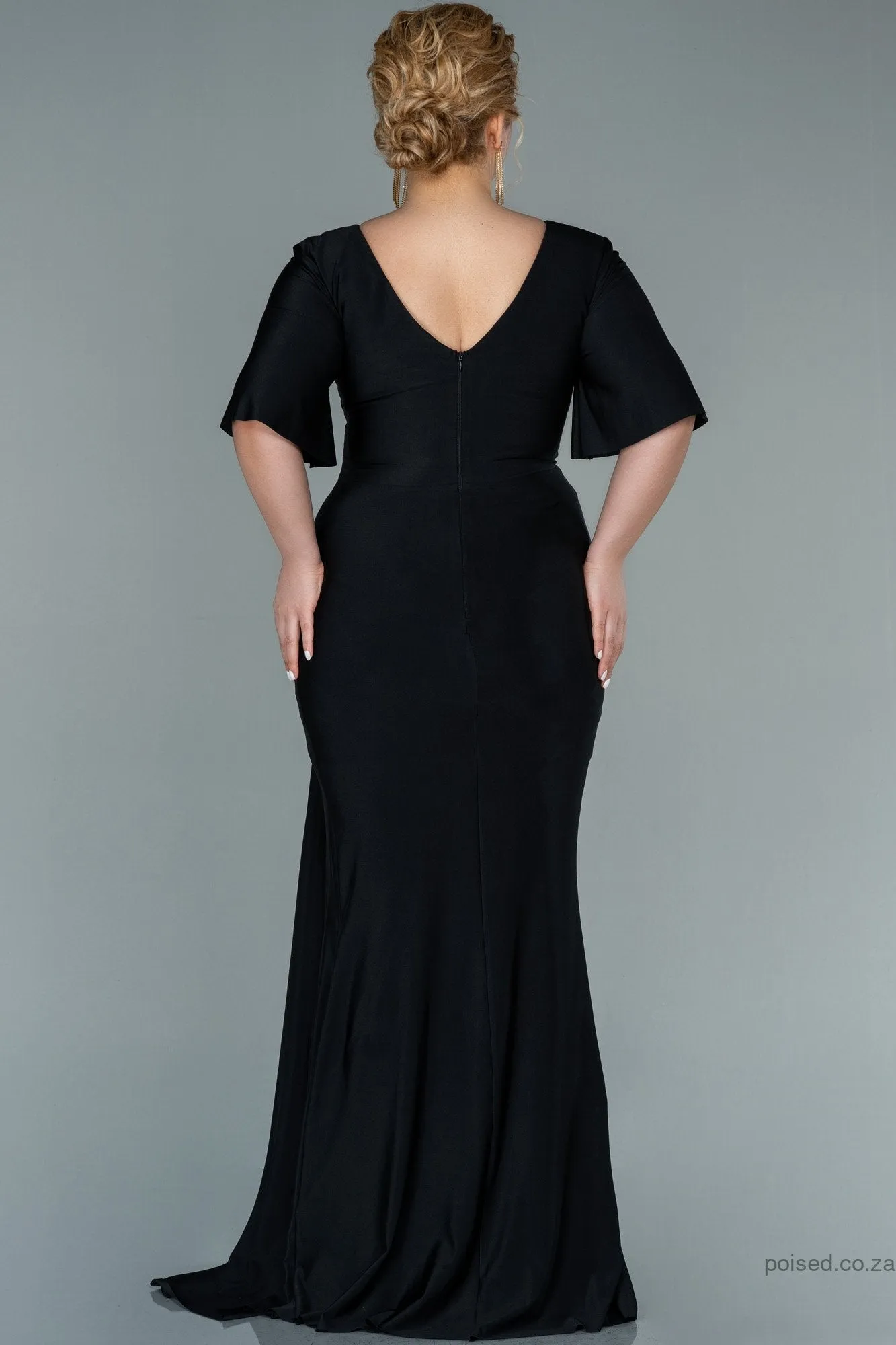 30212 Black Waist Brooch Draped Slit Dress