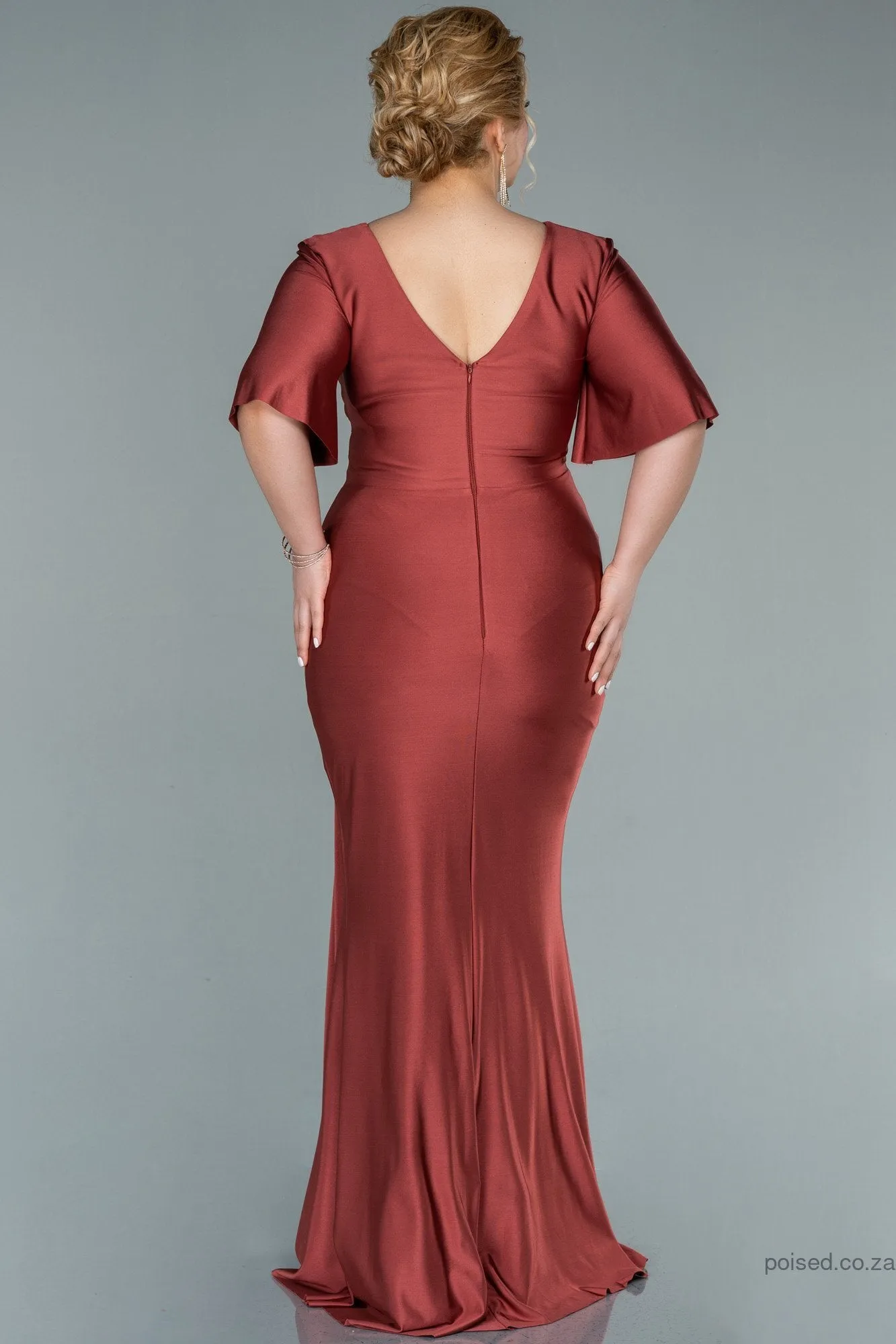 30214 Burnt Umber Waist Brooch Draped Slit Dress