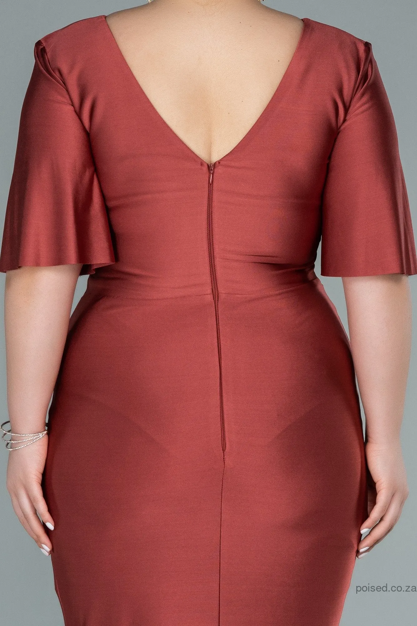 30214 Burnt Umber Waist Brooch Draped Slit Dress