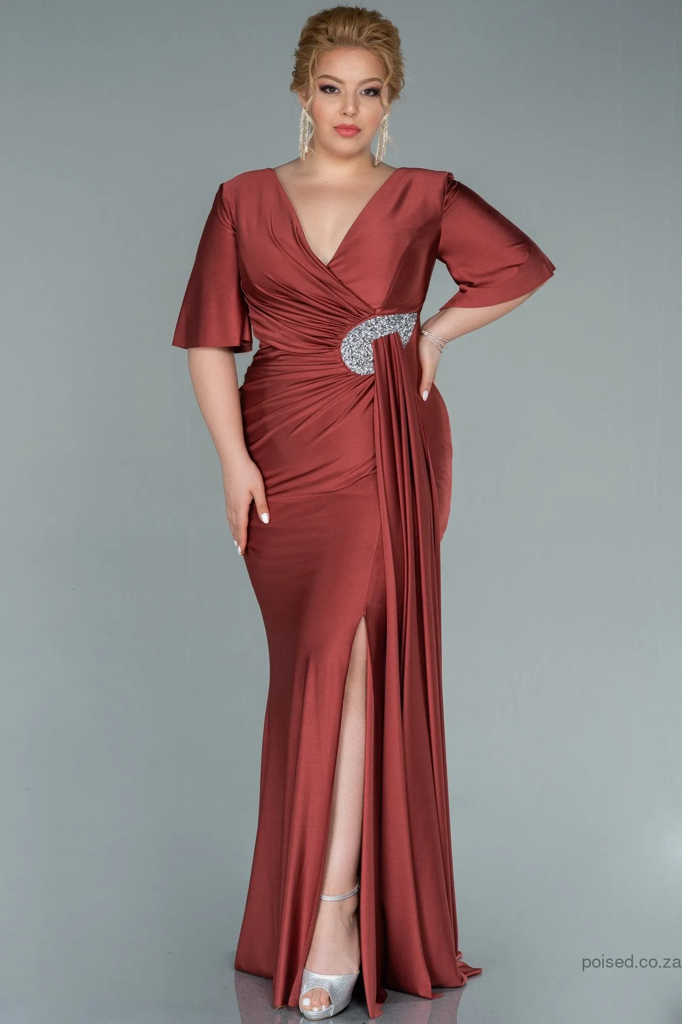 30214 Burnt Umber Waist Brooch Draped Slit Dress