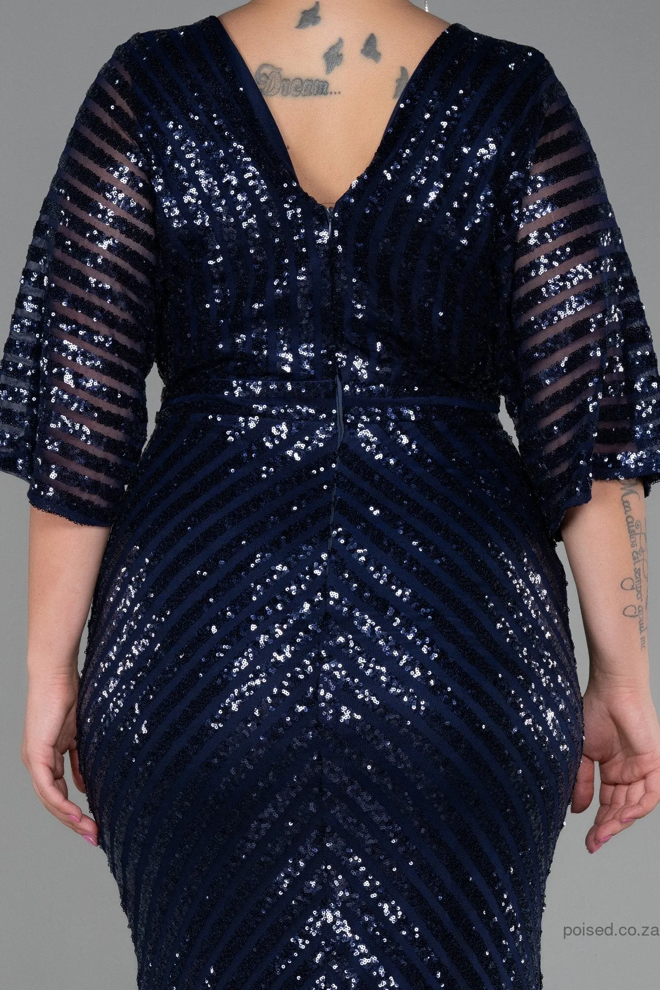 30229 Navy Blue Sheer Sleeve Sequins Mermaid Dress