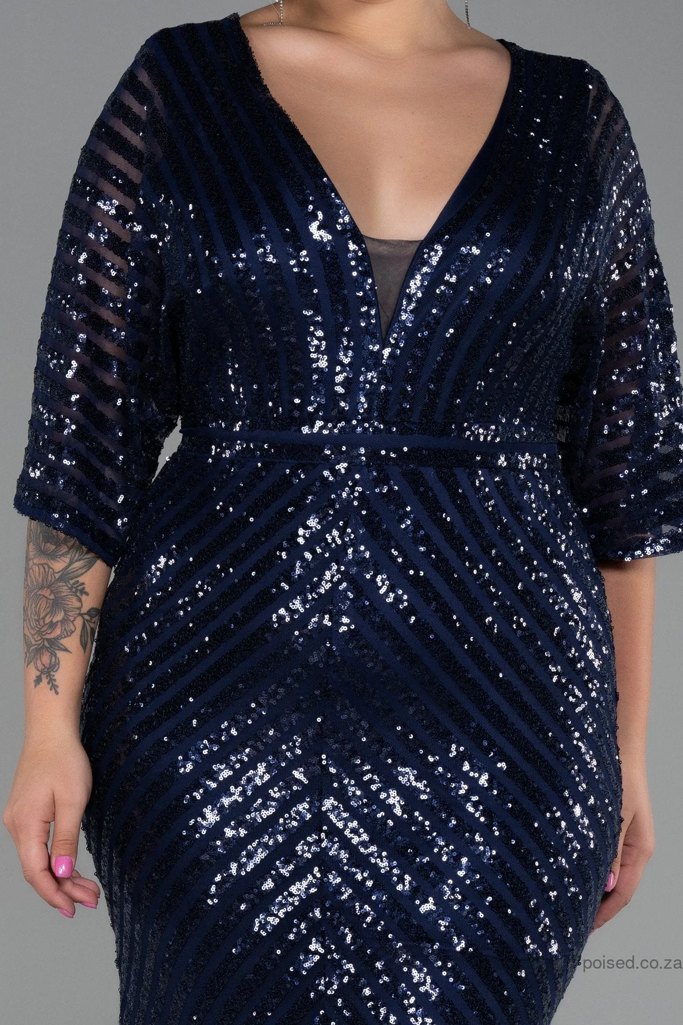 30229 Navy Blue Sheer Sleeve Sequins Mermaid Dress