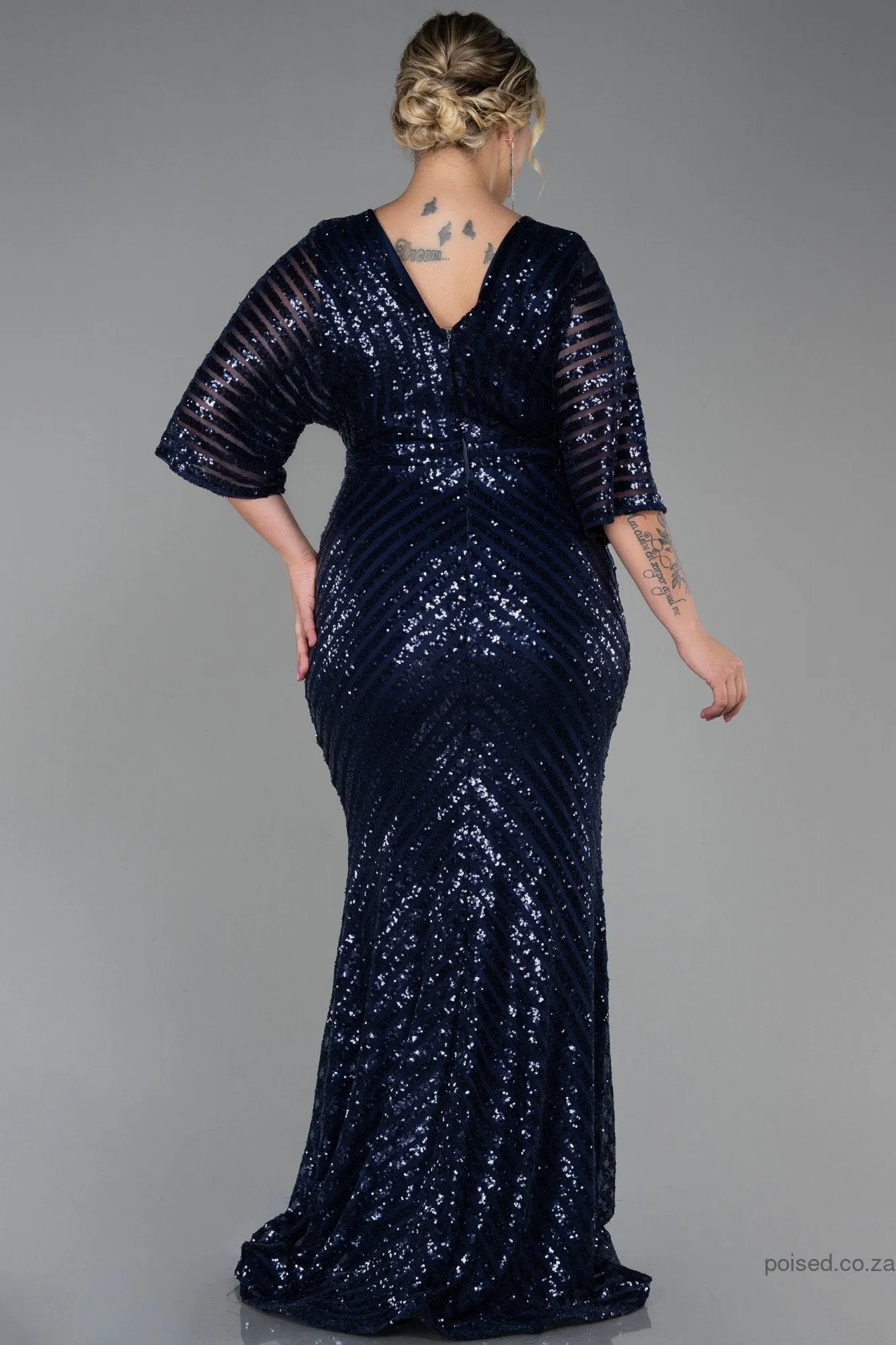 30229 Navy Blue Sheer Sleeve Sequins Mermaid Dress