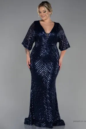 30229 Navy Blue Sheer Sleeve Sequins Mermaid Dress