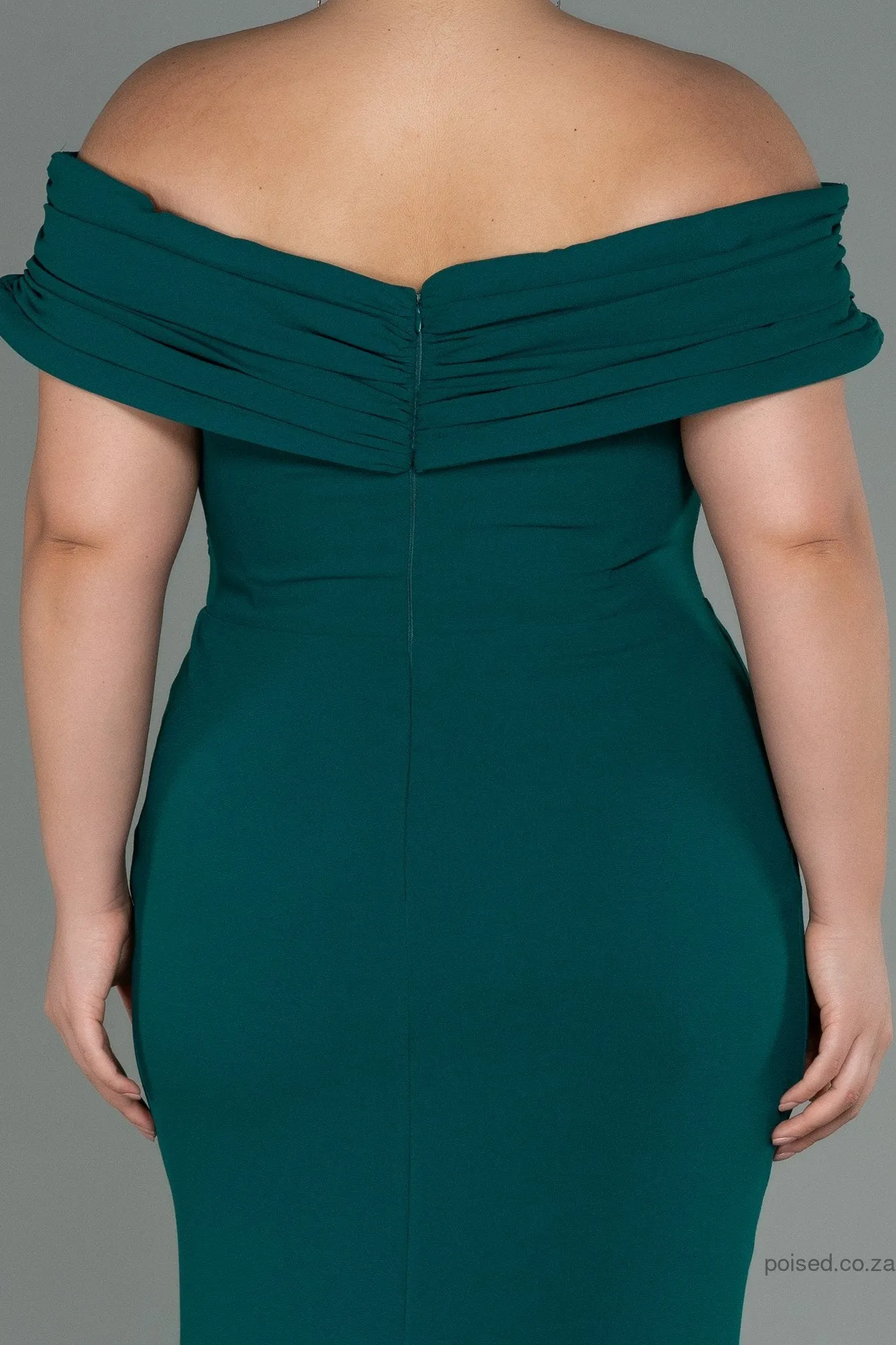 30241 Emerald Green Draped Off-Shoulder Slit Dress