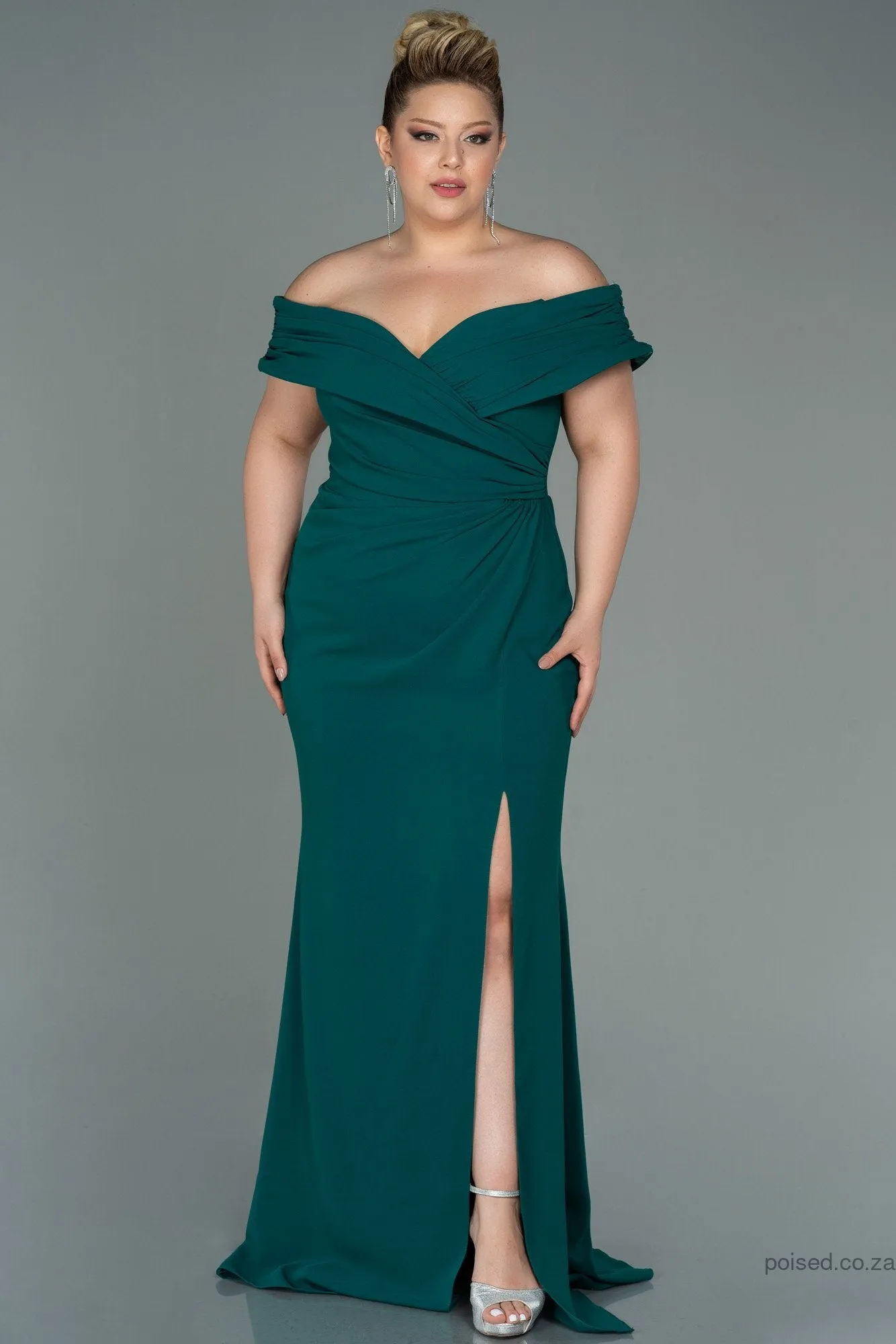 30241 Emerald Green Draped Off-Shoulder Slit Dress