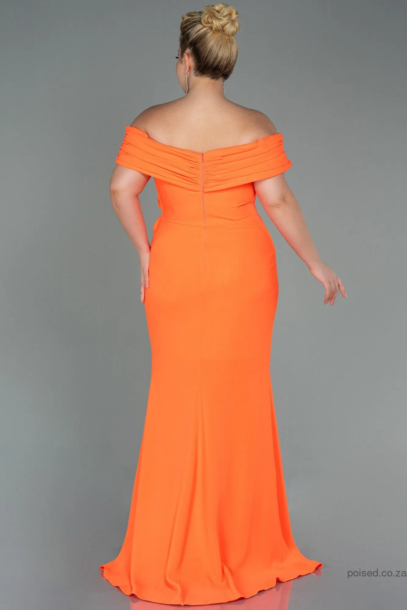 30242 Orange Draped Off-Shoulder Slit Dress