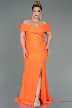 30242 Orange Draped Off-Shoulder Slit Dress