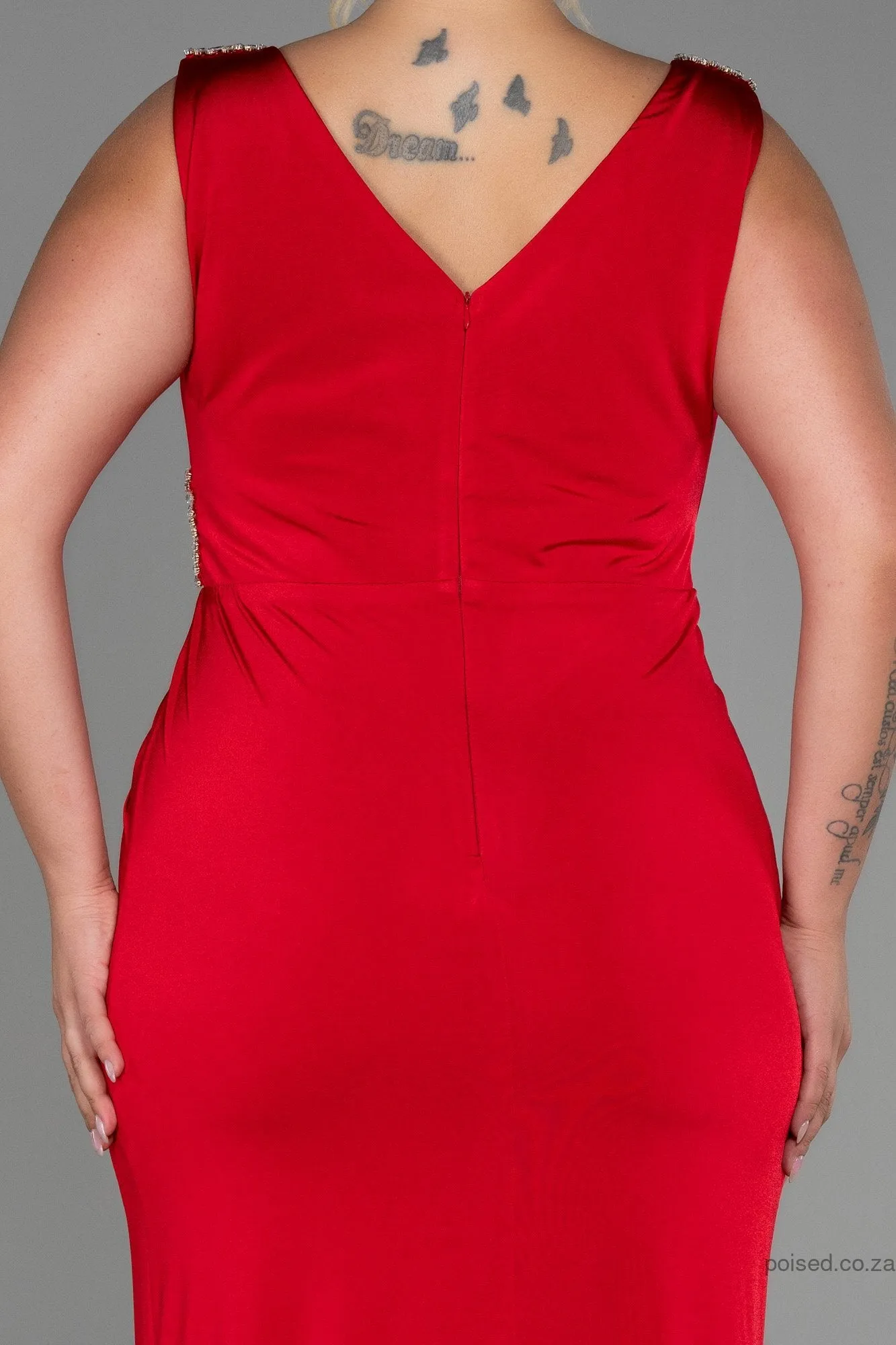 30275 Red Slit Draped Dress