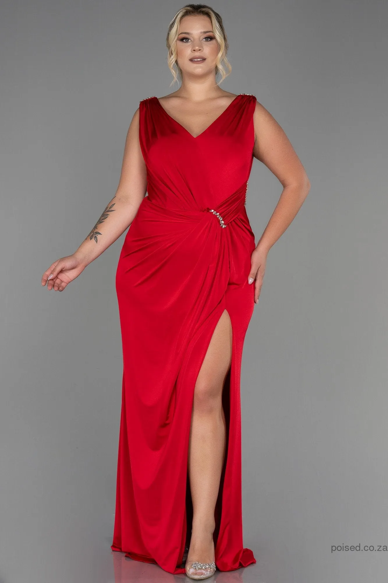 30275 Red Slit Draped Dress