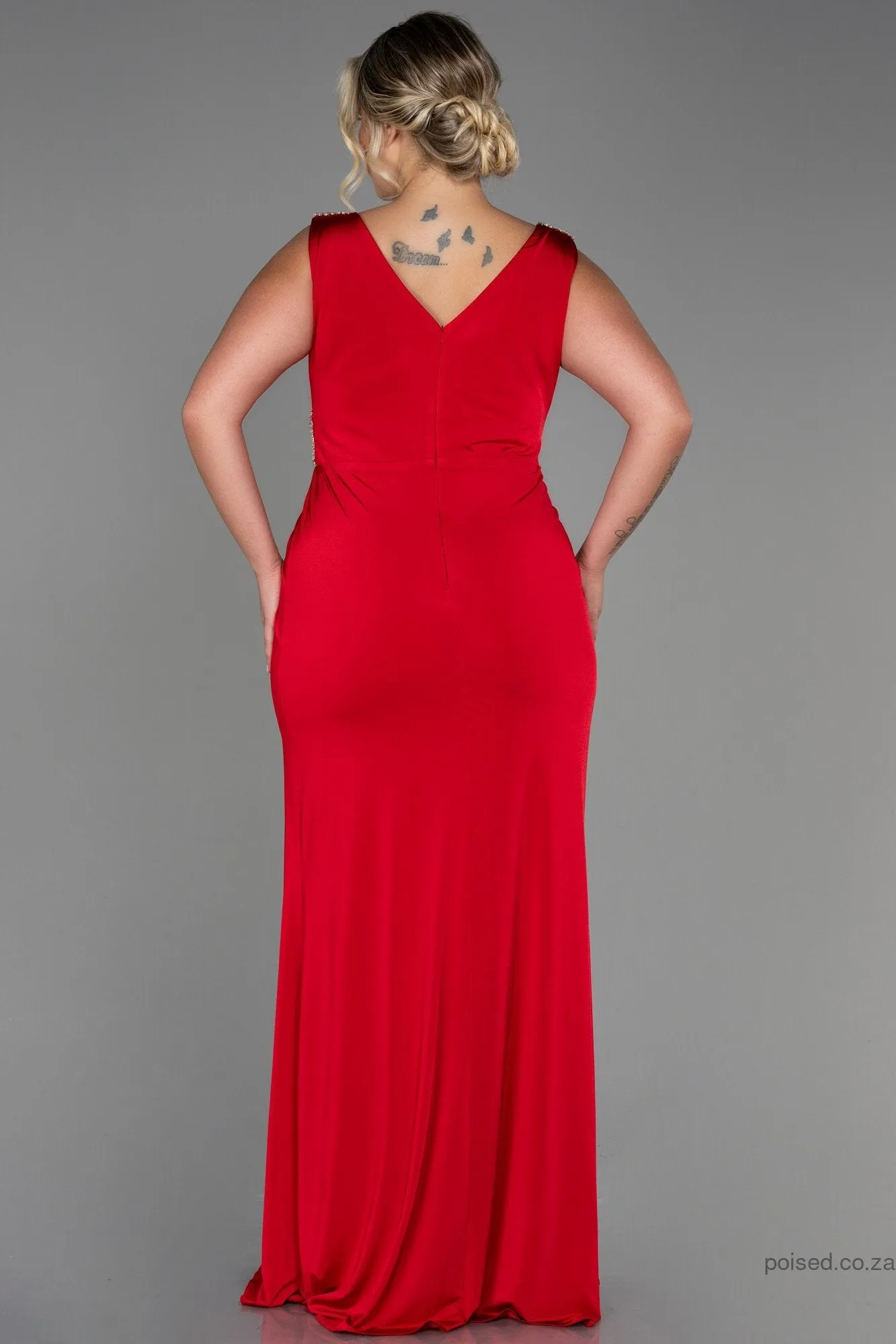 30275 Red Slit Draped Dress