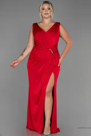 30275 Red Slit Draped Dress