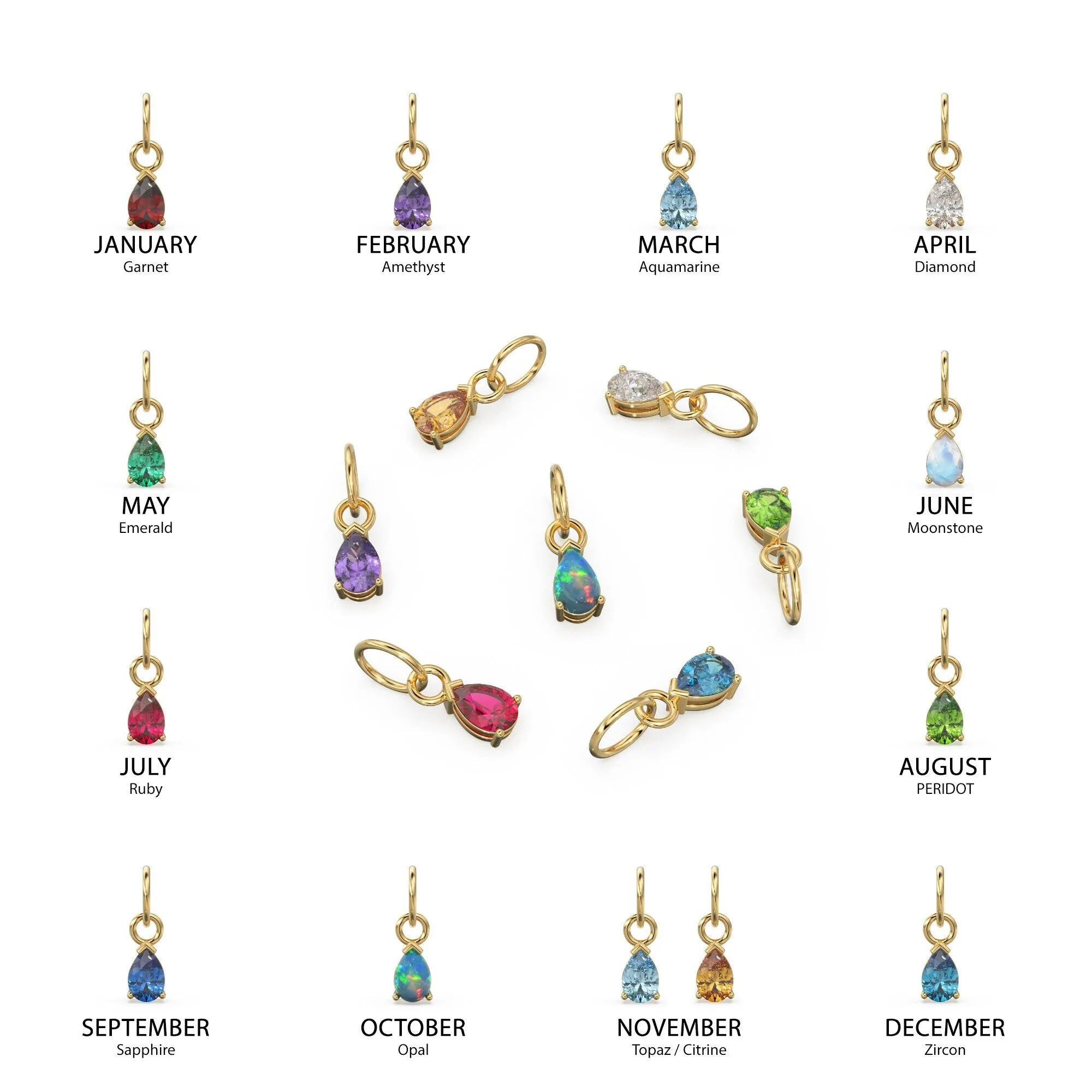 6mm Gemstone 18k Yellow Solid Gold Birthstone Charm Pendant / Diamond Bezel Hoop Earring Findings / Garnet Emerald Amethyst Aquamarine Ruby
