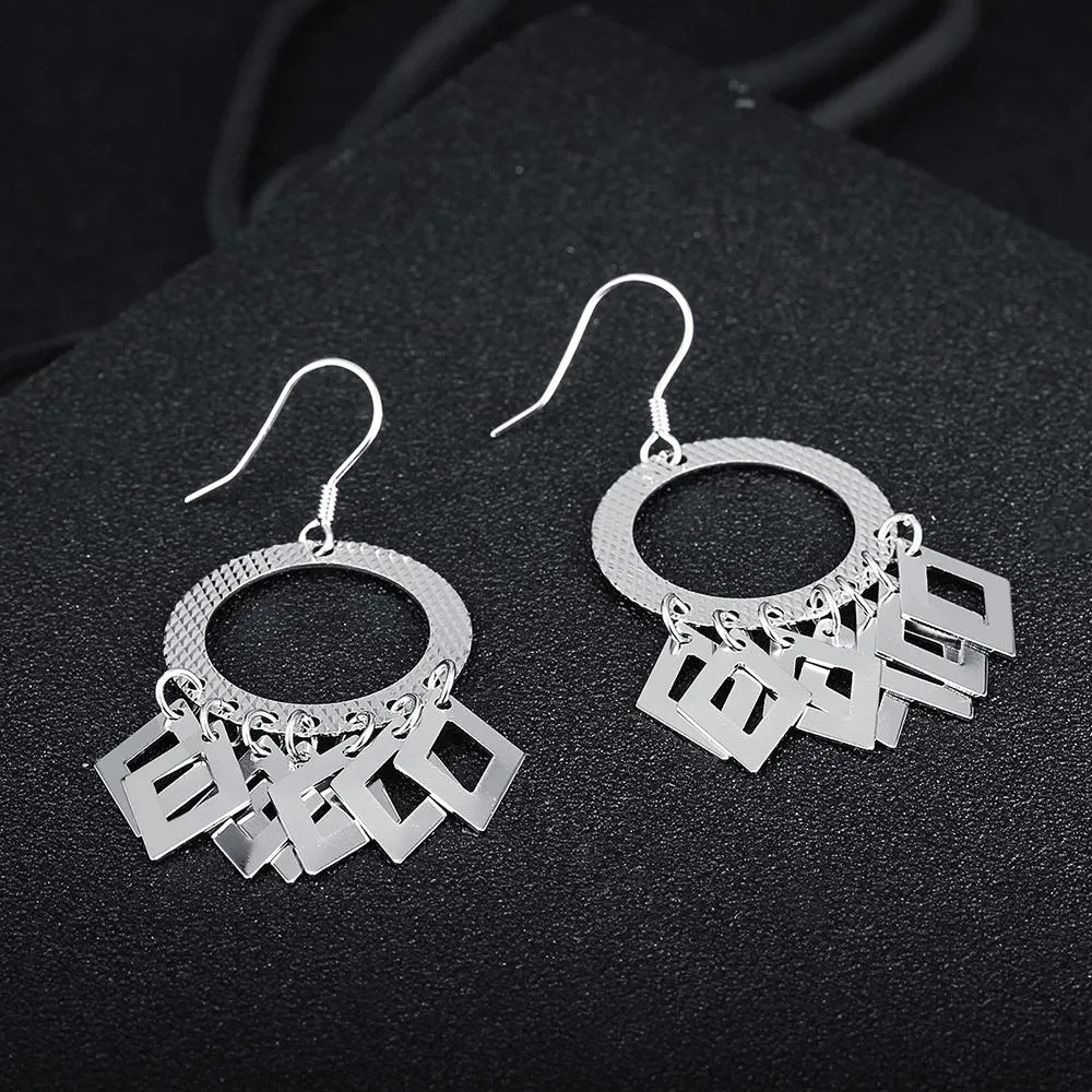 925 Sterling Silver Hollow Circle Rhombus Drop Earrings, Party Fashion Jewelry for Women