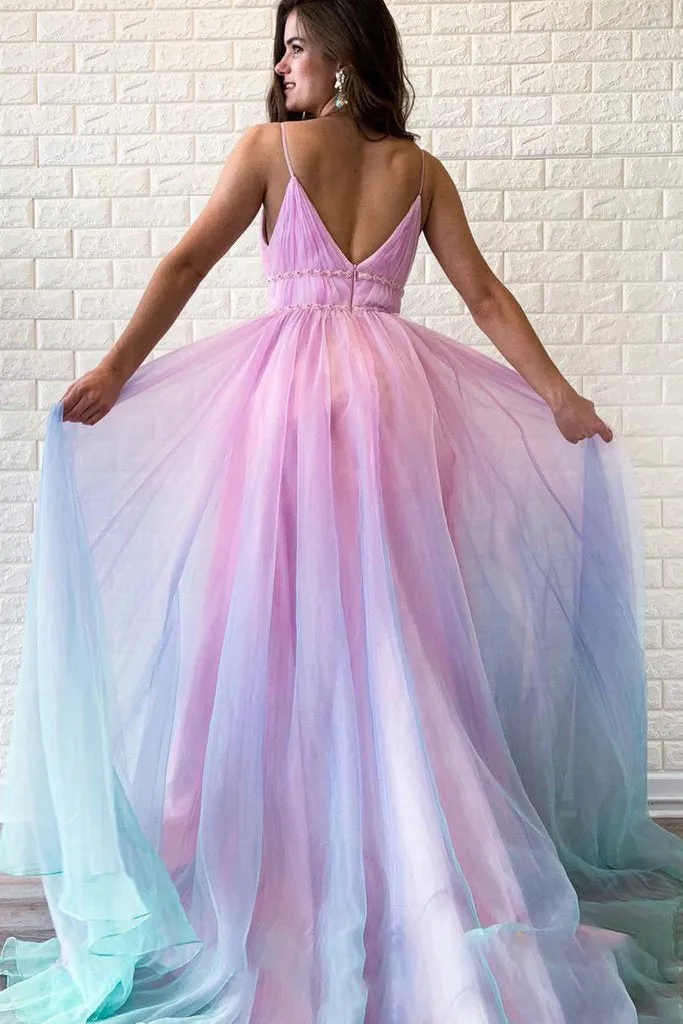 A Line Spaghetti Straps Sweep Train Sleeveless Backless Ombre Long Tulle Prom Dress OHC204