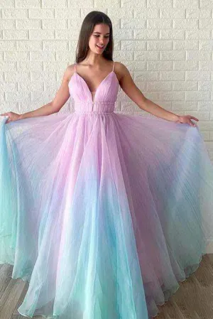 A Line Spaghetti Straps Sweep Train Sleeveless Backless Ombre Long Tulle Prom Dress OHC204