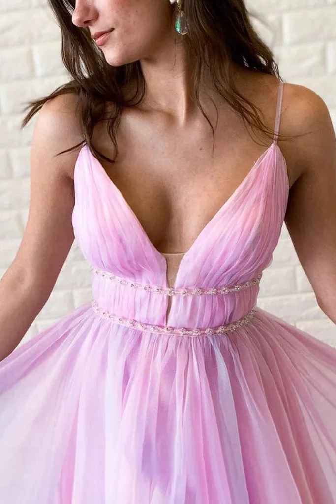 A Line Spaghetti Straps Sweep Train Sleeveless Backless Ombre Long Tulle Prom Dress OHC204
