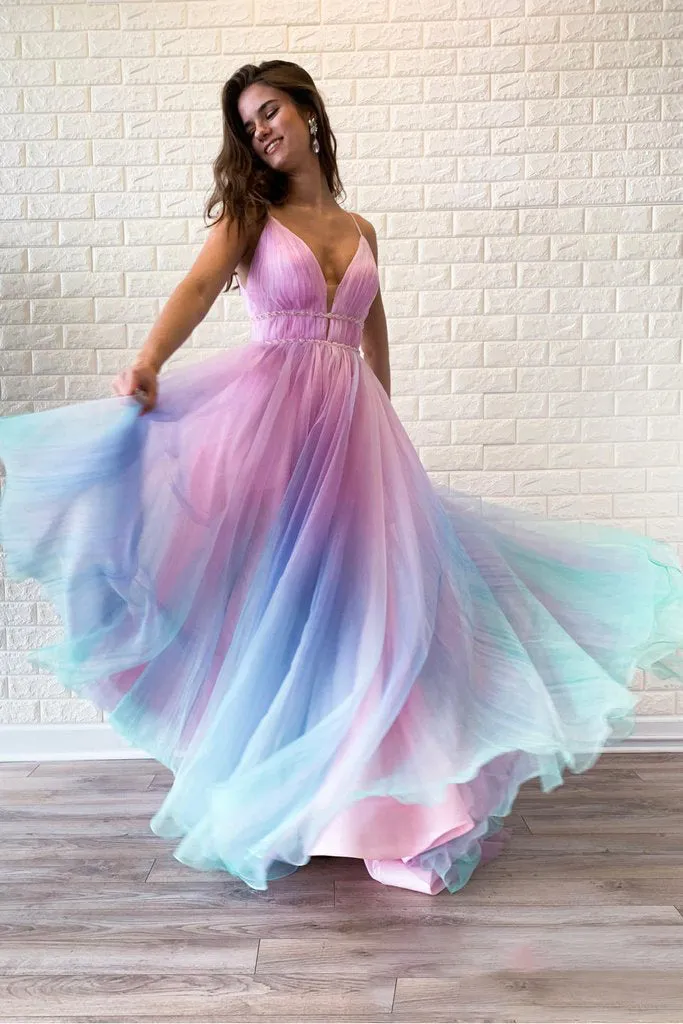 A Line Spaghetti Straps Sweep Train Sleeveless Backless Ombre Long Tulle Prom Dress OHC204
