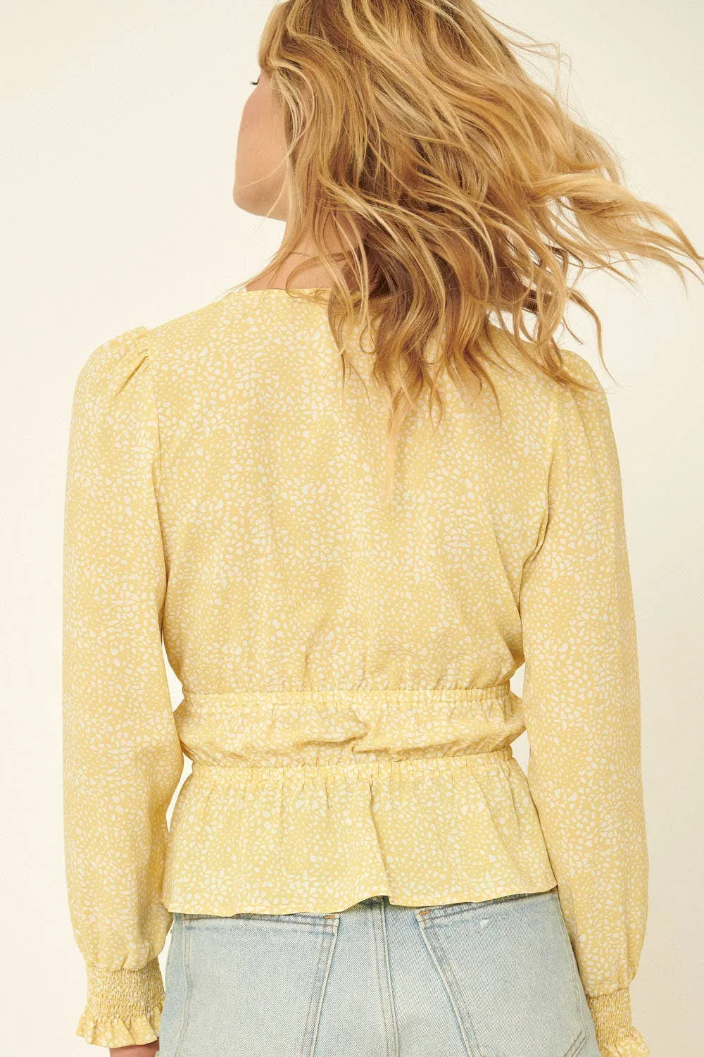 Abstract Polka Dot Surplice Puff-Sleeve Peplum Top