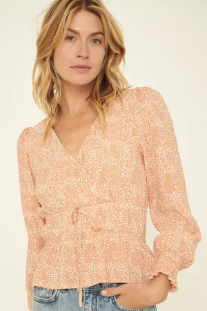 Abstract Polka Dot Surplice Puff-Sleeve Peplum Top
