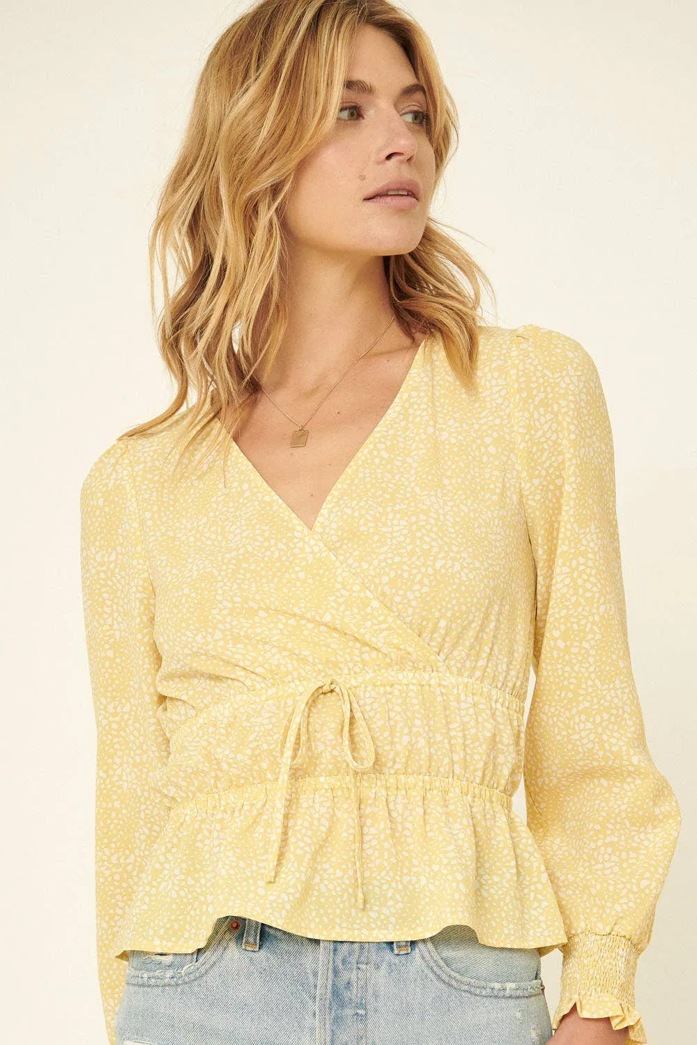 Abstract Polka Dot Surplice Puff-Sleeve Peplum Top
