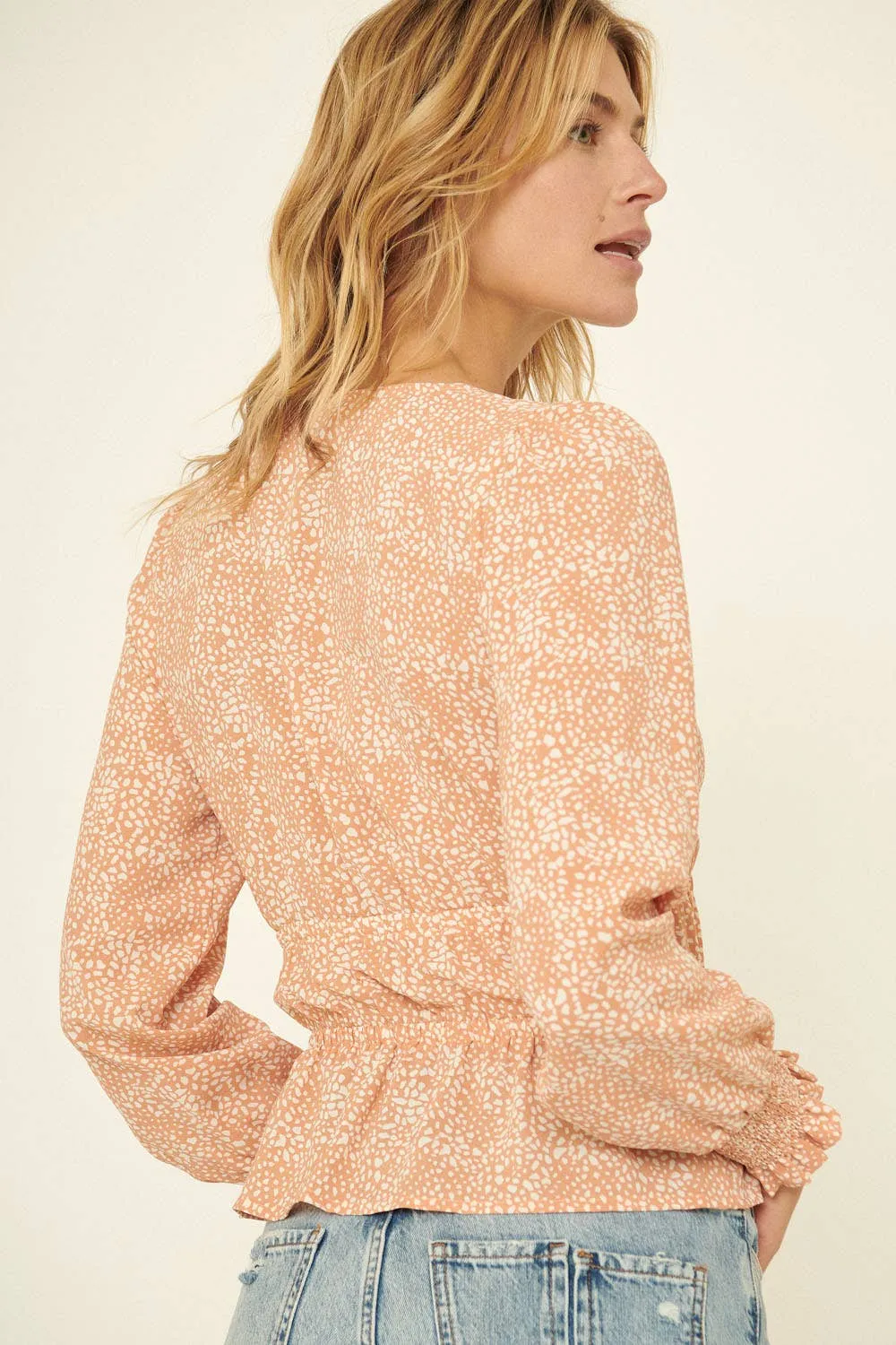 Abstract Polka Dot Surplice Puff-Sleeve Peplum Top
