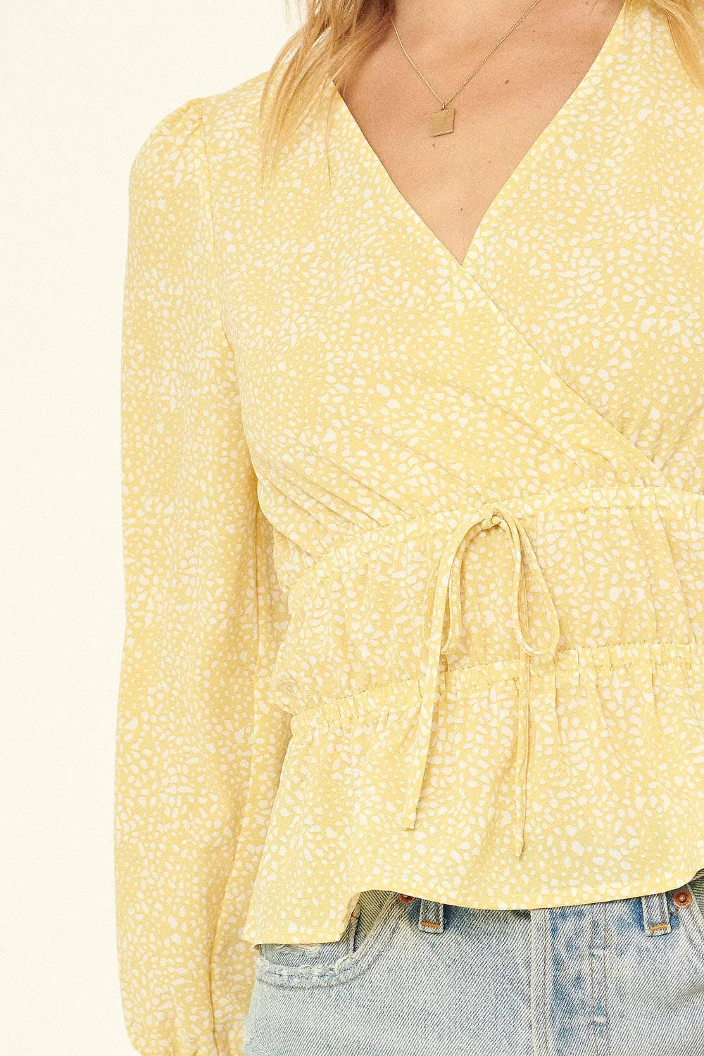 Abstract Polka Dot Surplice Puff-Sleeve Peplum Top