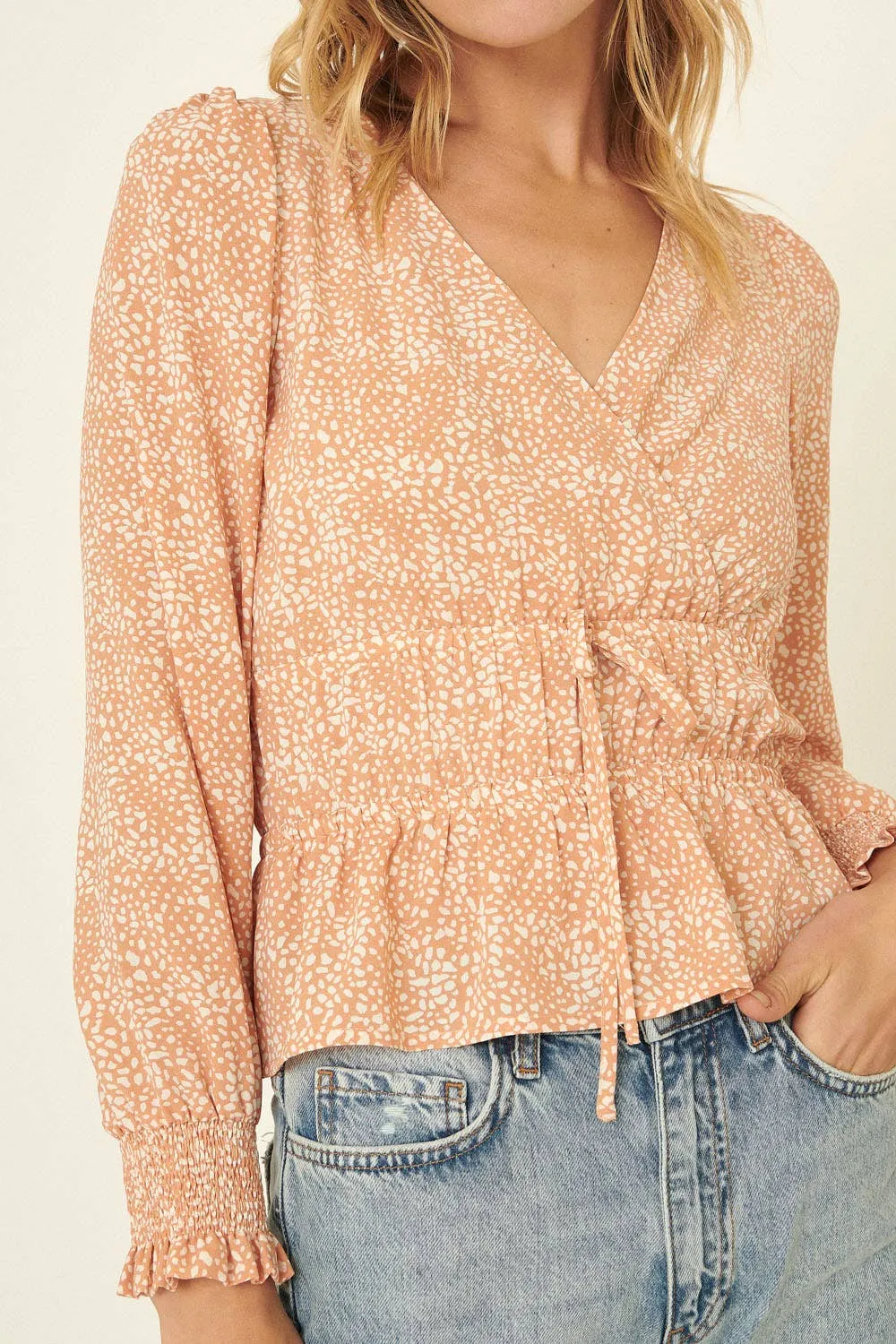 Abstract Polka Dot Surplice Puff-Sleeve Peplum Top