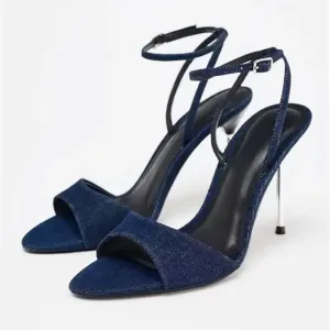 ADVBRIDGE  -  Denim Blue Thin Heeled Sandals Women Sexy Peep Toe Ankle Strap Buckle High Heels Summer Elegant Pumps Comfort Casual Sandalias