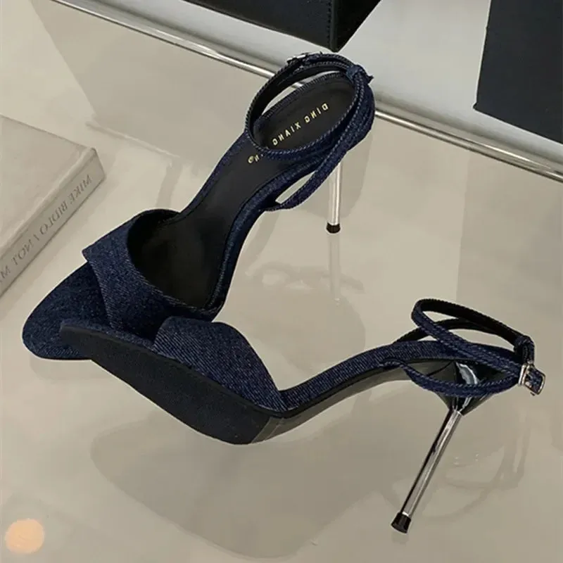 ADVBRIDGE  -  Denim Blue Thin Heeled Sandals Women Sexy Peep Toe Ankle Strap Buckle High Heels Summer Elegant Pumps Comfort Casual Sandalias