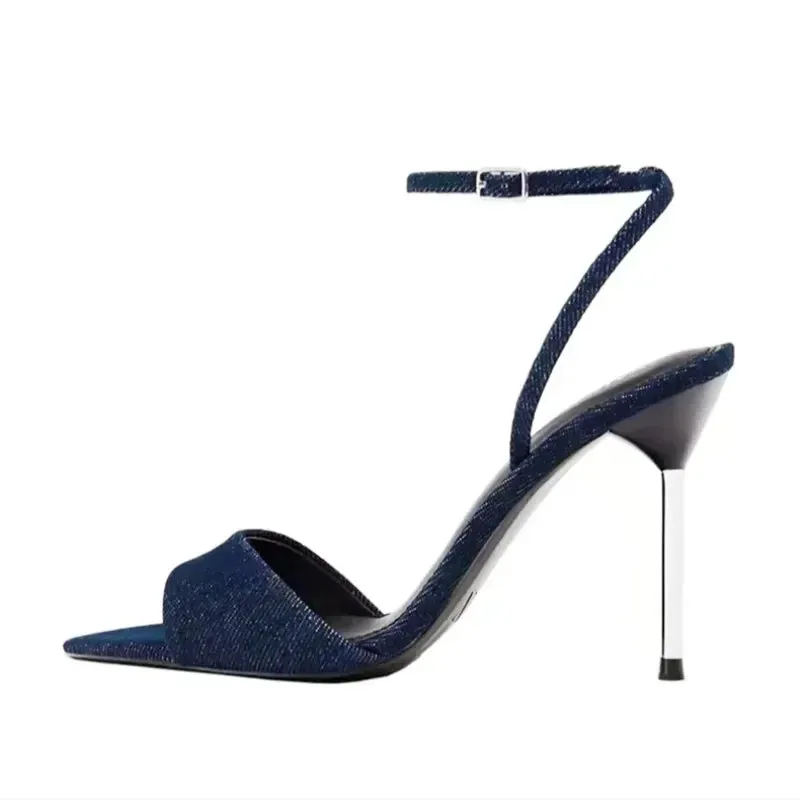 ADVBRIDGE  -  Denim Blue Thin Heeled Sandals Women Sexy Peep Toe Ankle Strap Buckle High Heels Summer Elegant Pumps Comfort Casual Sandalias