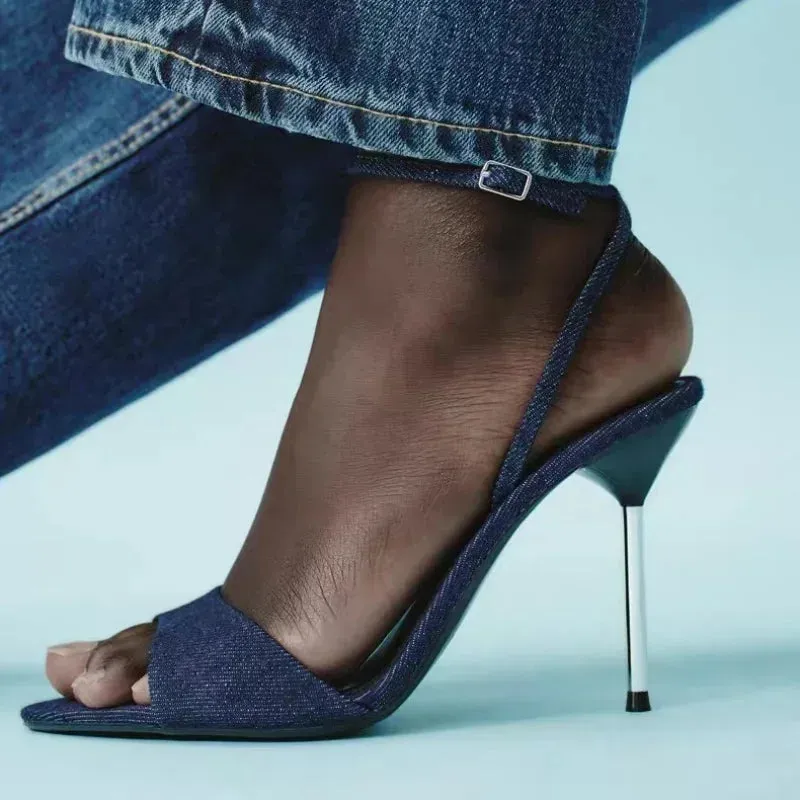 ADVBRIDGE  -  Denim Blue Thin Heeled Sandals Women Sexy Peep Toe Ankle Strap Buckle High Heels Summer Elegant Pumps Comfort Casual Sandalias