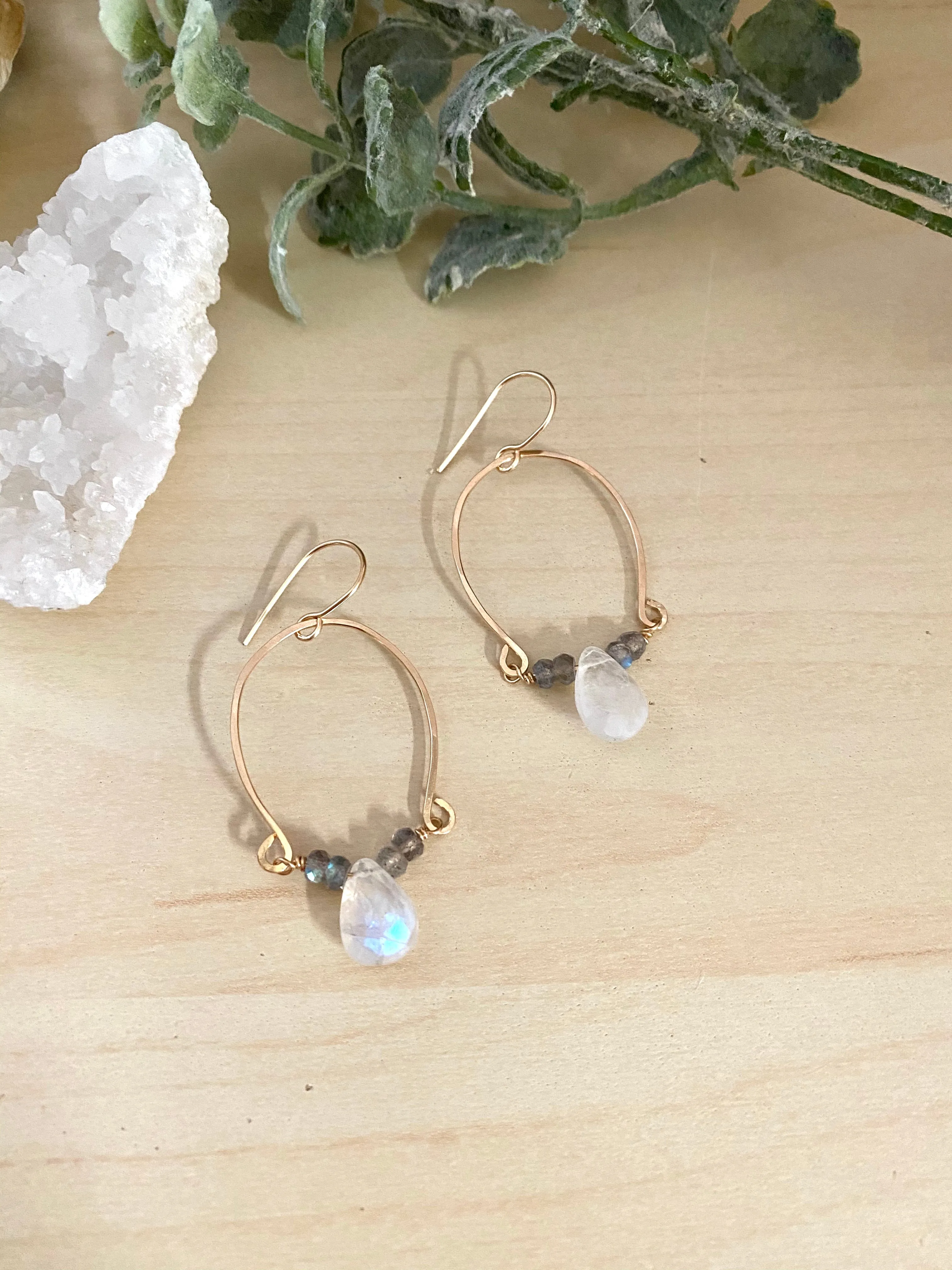 Alia Earrings with Labradorite and Rainbow Moonstone Inverted Hoop earrings - Gold fill