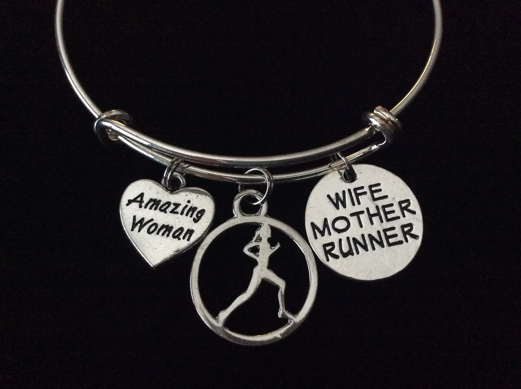 Amazing Woman Wife Mother Runner Expandable Silver Charm Bracelet Adjustable Wire Bangle Trendy