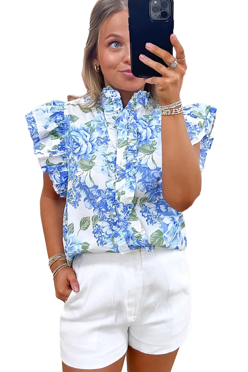 Annabelle. Sky Blue Floral Print Ruffle Sleeve Frill Shirt