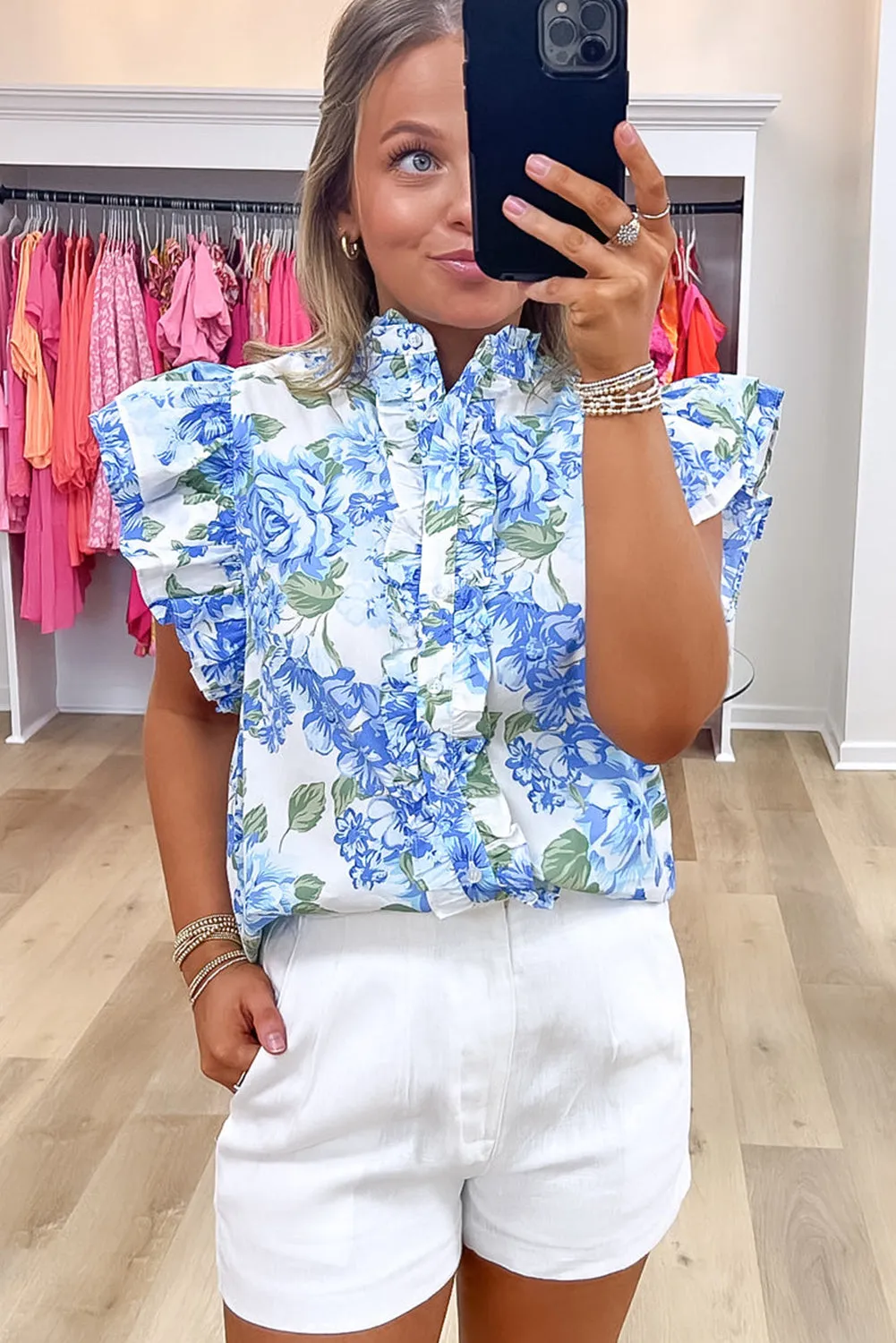 Annabelle. Sky Blue Floral Print Ruffle Sleeve Frill Shirt