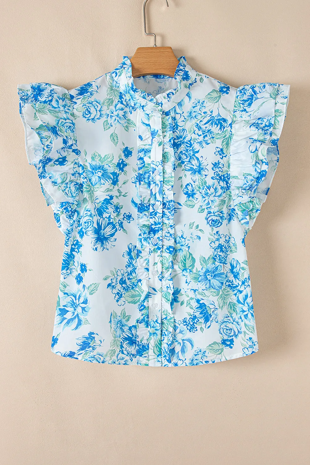 Annabelle. Sky Blue Floral Print Ruffle Sleeve Frill Shirt