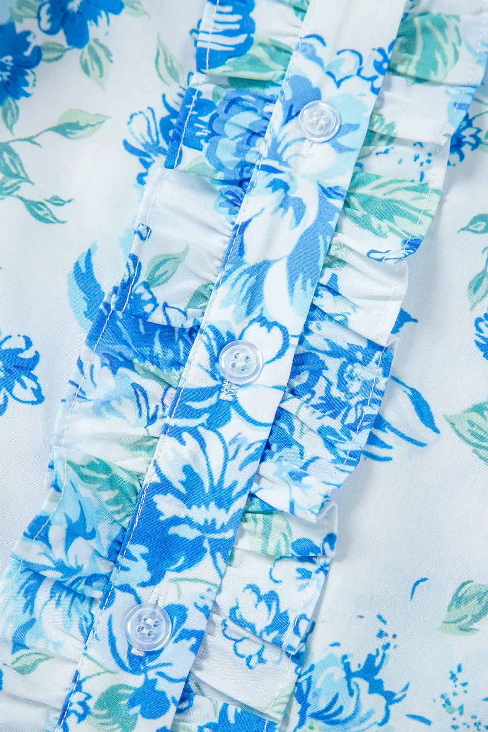 Annabelle. Sky Blue Floral Print Ruffle Sleeve Frill Shirt