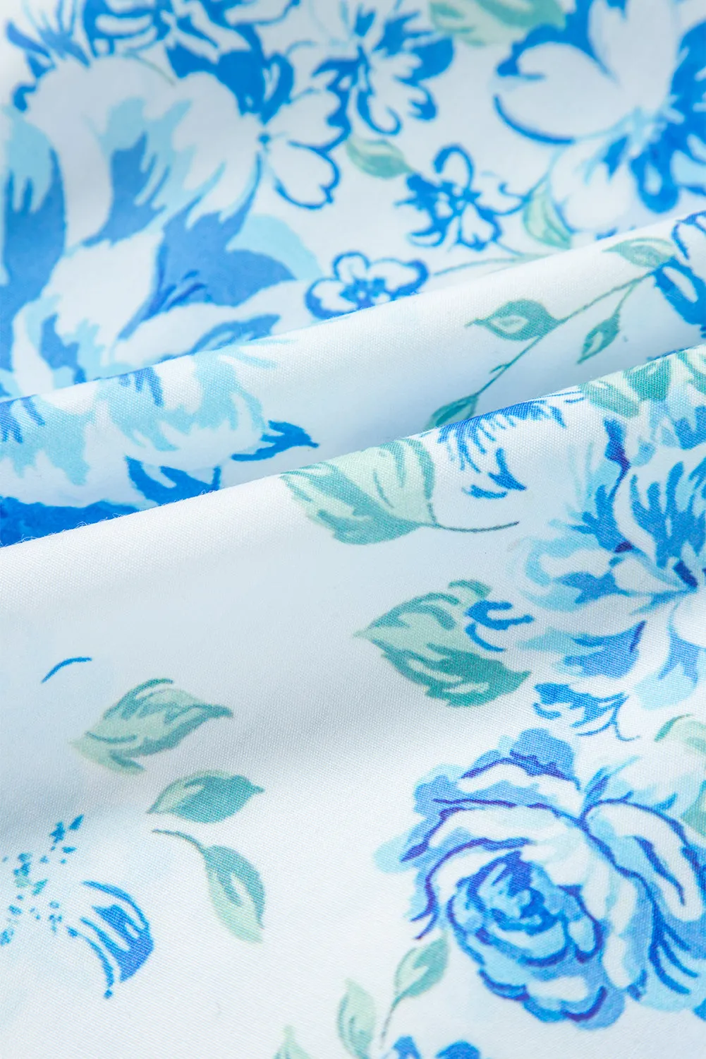 Annabelle. Sky Blue Floral Print Ruffle Sleeve Frill Shirt