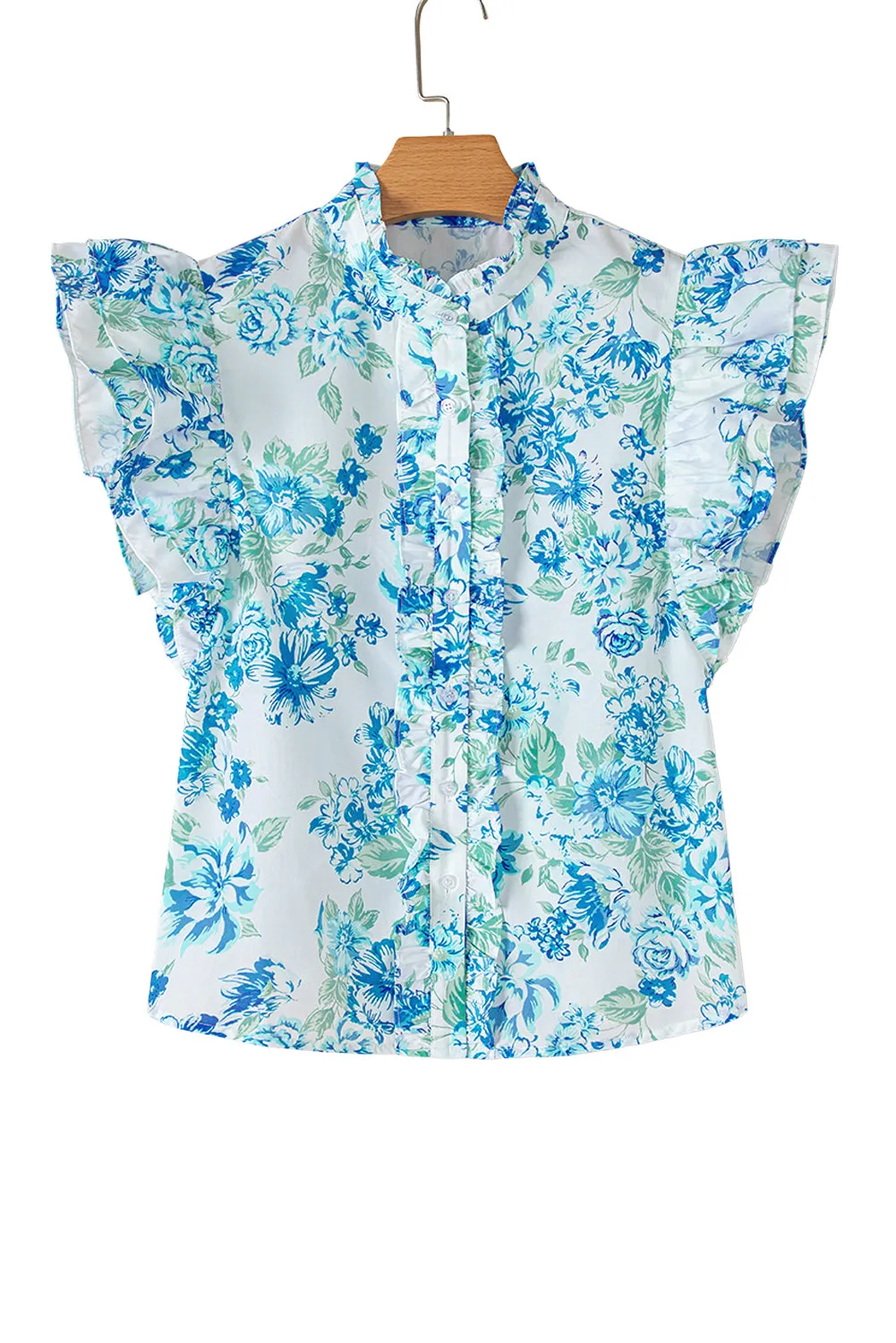 Annabelle. Sky Blue Floral Print Ruffle Sleeve Frill Shirt