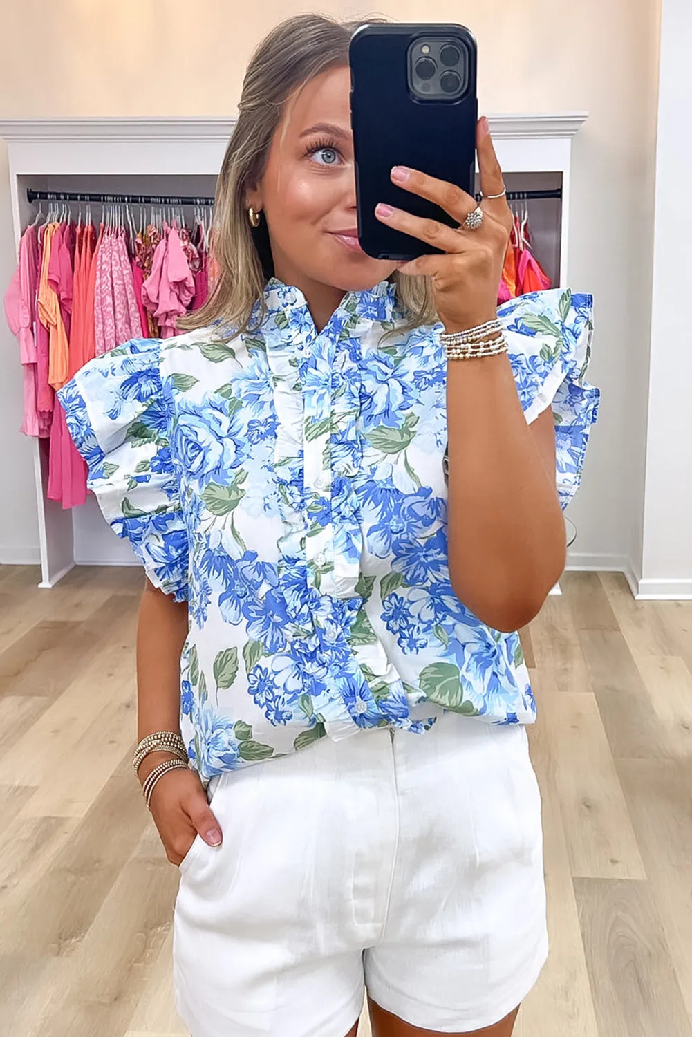 Annabelle. Sky Blue Floral Print Ruffle Sleeve Frill Shirt