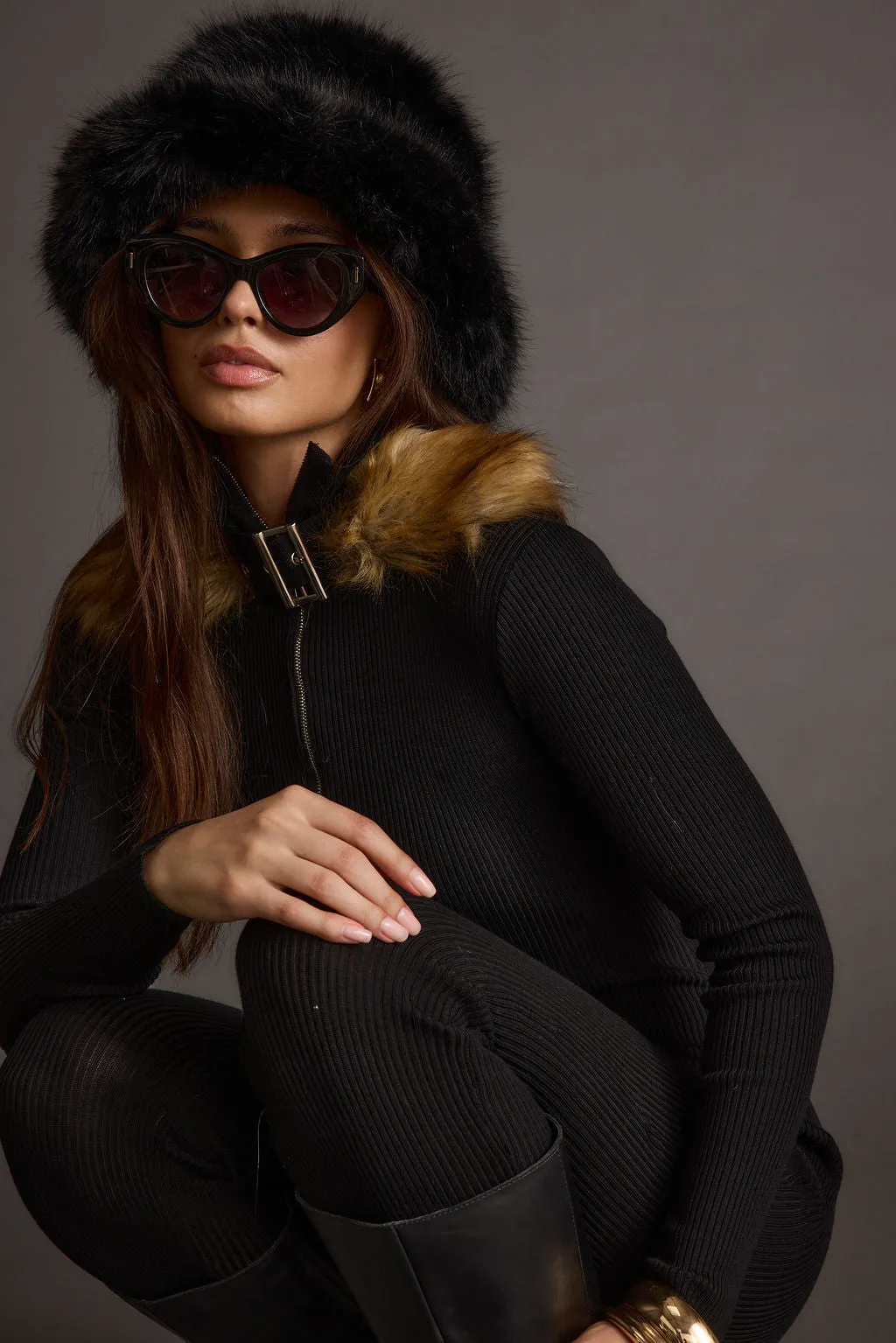 Apres Faux Fur Trimmed Black Ribbed Knit Jumpsuit