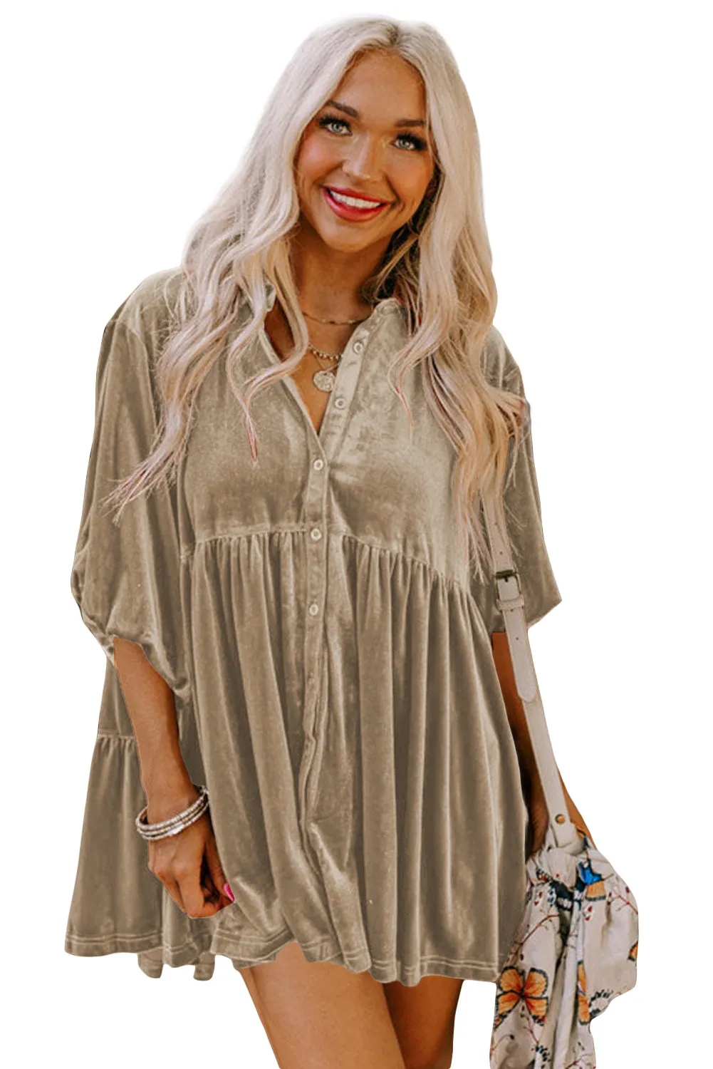 Apricot khaki 3/4 Sleeve Tunic Babydoll Velvet Shirt