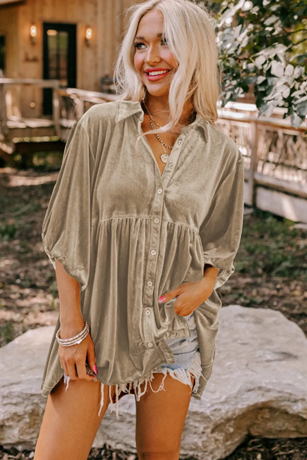 Apricot khaki 3/4 Sleeve Tunic Babydoll Velvet Shirt