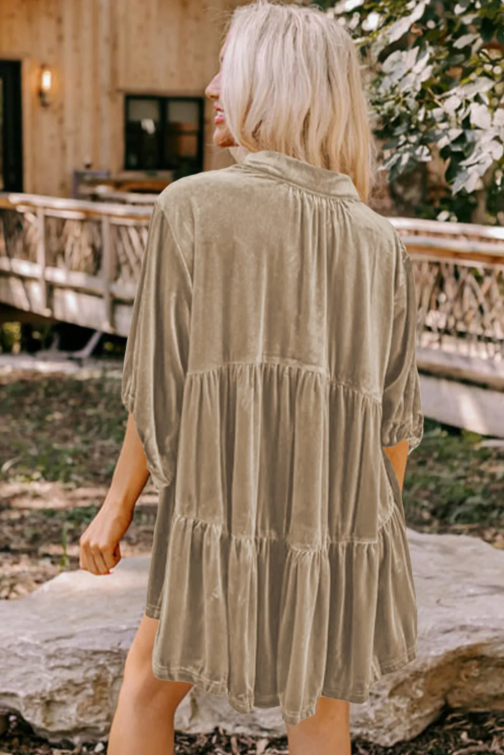 Apricot khaki 3/4 Sleeve Tunic Babydoll Velvet Shirt