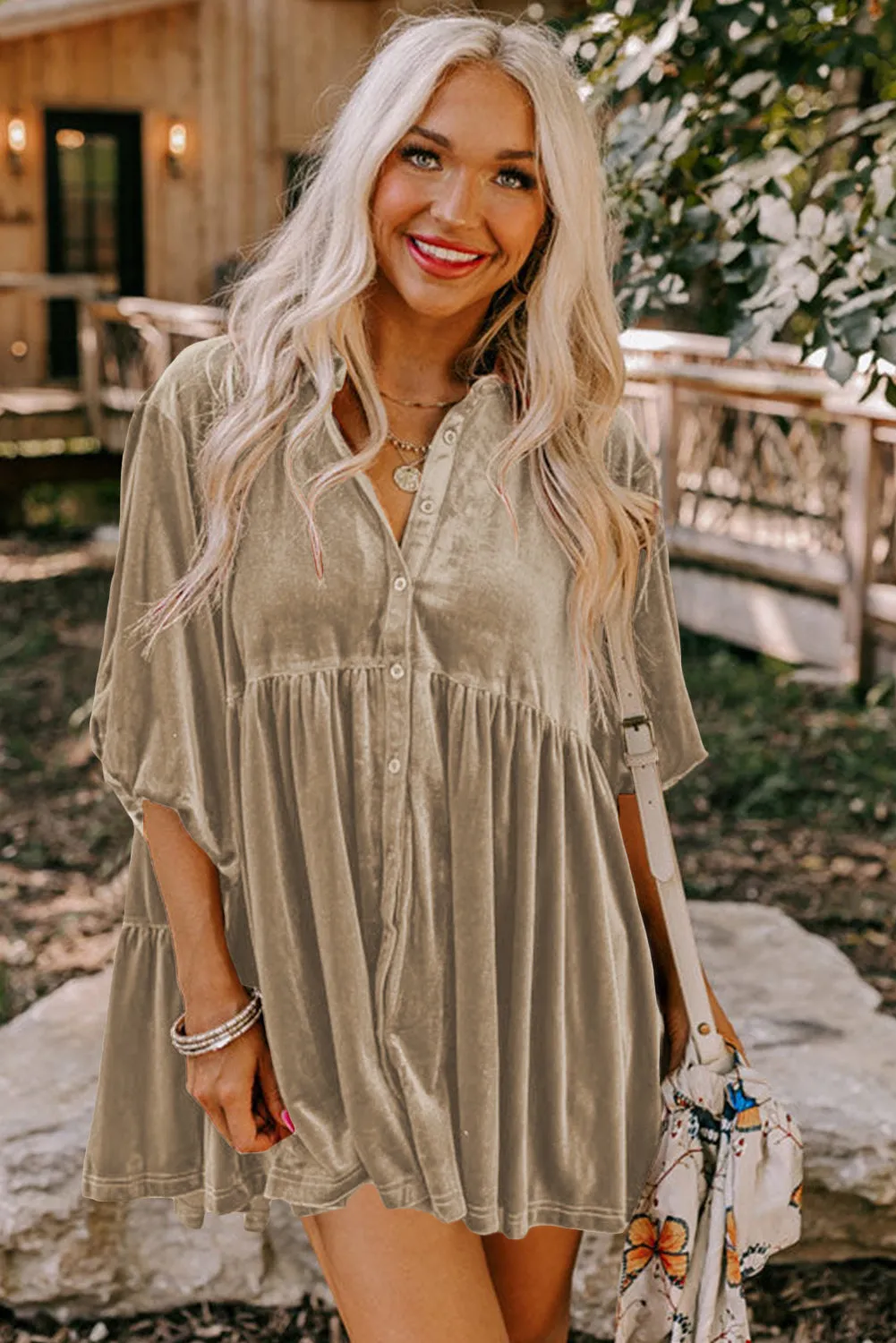 Apricot khaki 3/4 Sleeve Tunic Babydoll Velvet Shirt