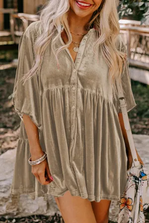 Apricot khaki 3/4 Sleeve Tunic Babydoll Velvet Shirt